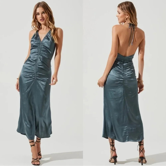 NEW ASTR THE LABEL TOLEDO RUCHED HALTER MIDI DRESS STEEL BLUECOLOR - Picture 1 of 12